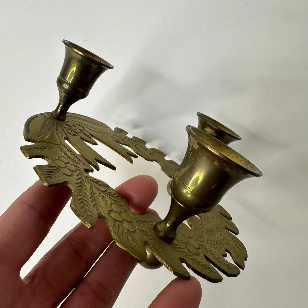 Vintage Brass Christmas Wreath Candelabra 3 Cup Candle Holder Holly‎ Leaf Bow